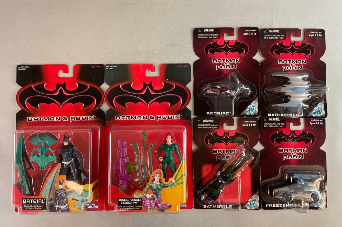 Group of Kenner Batman and Robin Action Figures and Die-Cast Vehicles: Includes batgirl, Batmobile, freezemobile