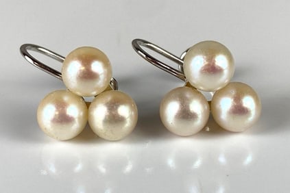 Pair of 14K White Gold Cluster Pearl Screw-Back Earrings