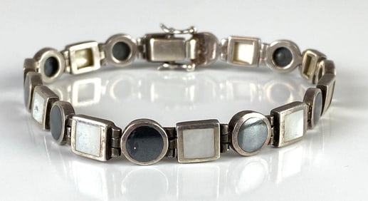 Sterling Silver Onyx and Mother of Pearl Link Bracelet
