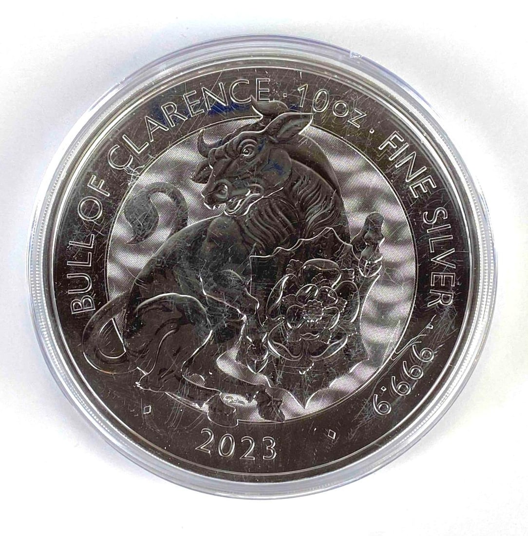 2023 England £10 Bull of Clarence 10oz .999 Fine Silver Round: 2023 England £10 Bull of Clarence 10oz .999 Fine Silver Round