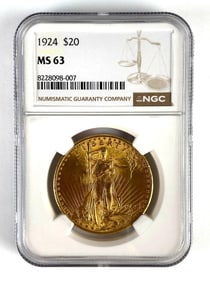 NGC Graded 1924 US $20 Gold Eagle Gold Coin MS63