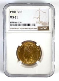 NGC Graded 1910 US $10 Indian Head Gold Coin MS61