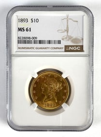 NGC Graded 1893 US $10 Liberty Head Gold Coin MS61