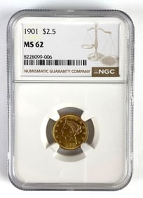 NGC Graded 1901 US $2.50 Liberty Head Gold Coin MS62