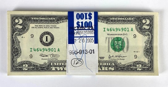 Group of 50 2003 US Mint $2 Consecutive Serial Numbered Bills