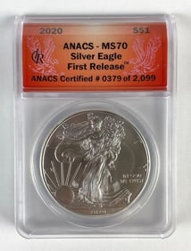 ANACS Graded 2020 US $1 Silver Eagle 1oz Fine Silver Coin MS70