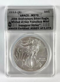 ANACS Graded 2011-S US $1 Silver Eagle 1oz Fine Silver Coin MS70