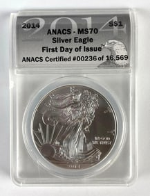 ANACS Graded 2014 US $1 Silver Eagle 1oz Fine Silver Coin MS70