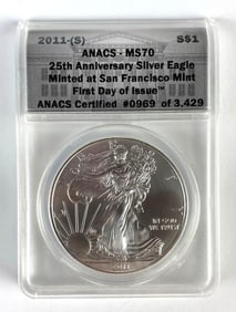 ANACS Graded 2011-S US $1 Silver Eagle 1oz Fine Silver Coin MS70