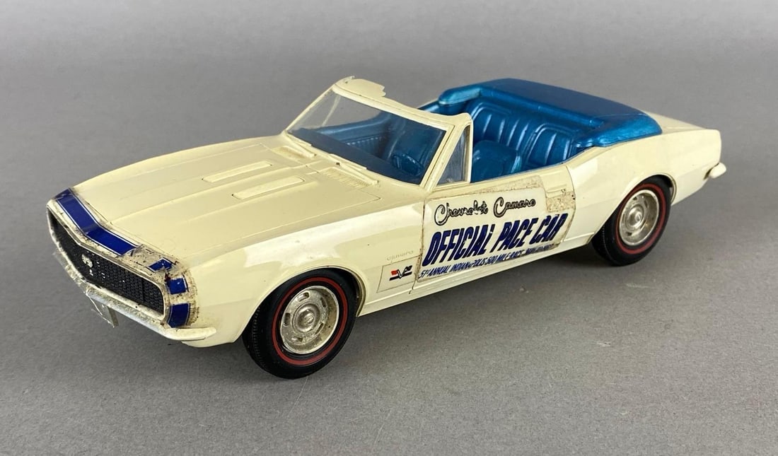 1967 Chevrolet Camaro Indianapolis 500 Pace Car Dealership Promo Car: Needs cleaning, Some broken pieces, Cream exterior, Blue interior, Clear windows, Black Wheels, Decals not fully attached.