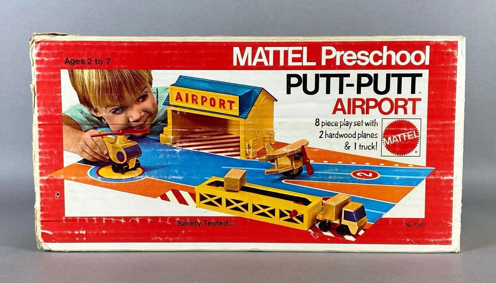 Mattel Preschool No. 7043 Putt-Putt Airport Play Set: 1973, Missing one side of box, Unknown set completion, Box measures 8 x 15 1/2 x 5 1/2 inches.