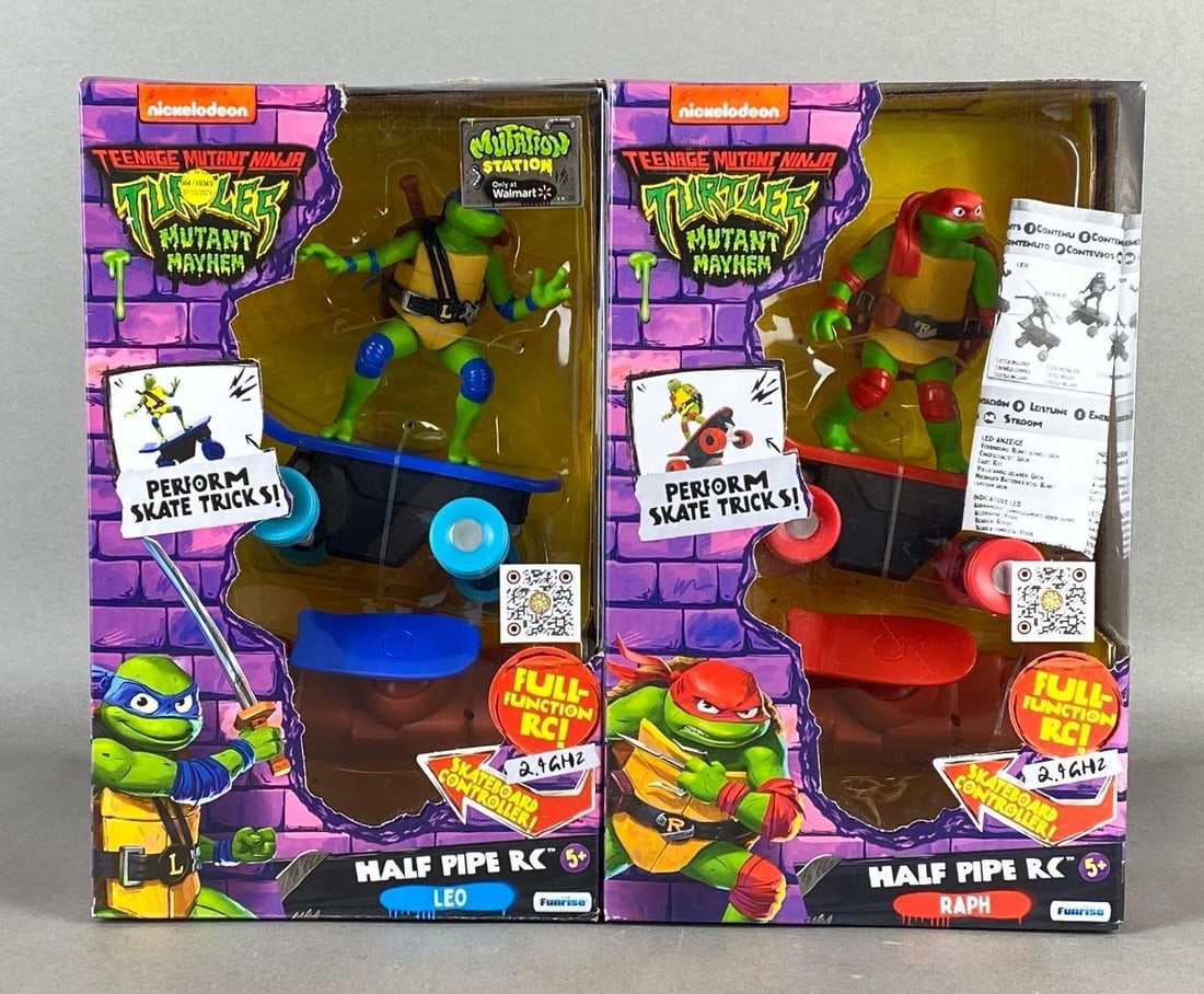 Group of 2 2023 Nickelodeon TMNT RC Action Toys: Includes Half Pipe RC Leo and Raph, FunRise, In original boxes, Largest box measures 10 3/4 x 6 1/2 x 4 inches.