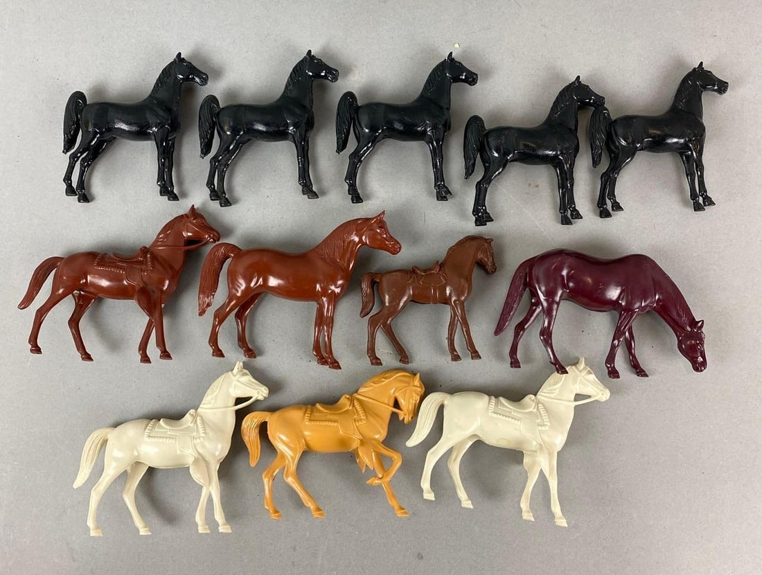 Group of 12 Plastic Horse Toys: Includes black, White, Maroon and more. Largest measures 6 x 3 1/4 x 1 1/2 inches.