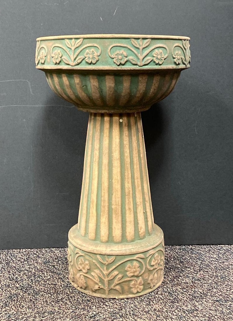 Floral Pottery Planter: NO IN HOUSE SHIPPING AVAILABLE, THIRD PARTY SHIPPING RECOMMENDED, bowl not attached to base, measures 25 x 15 1/2 x 15 1/2 inches