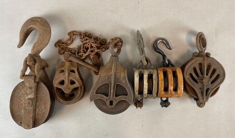 Group of Wood and Metal Pulleys