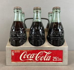 Coca-Cola Metal 6 Pack Carrier with Glass Bottles