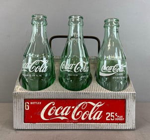 Coca-Cola Metal 6 Pack Carrier with Glass Bottles