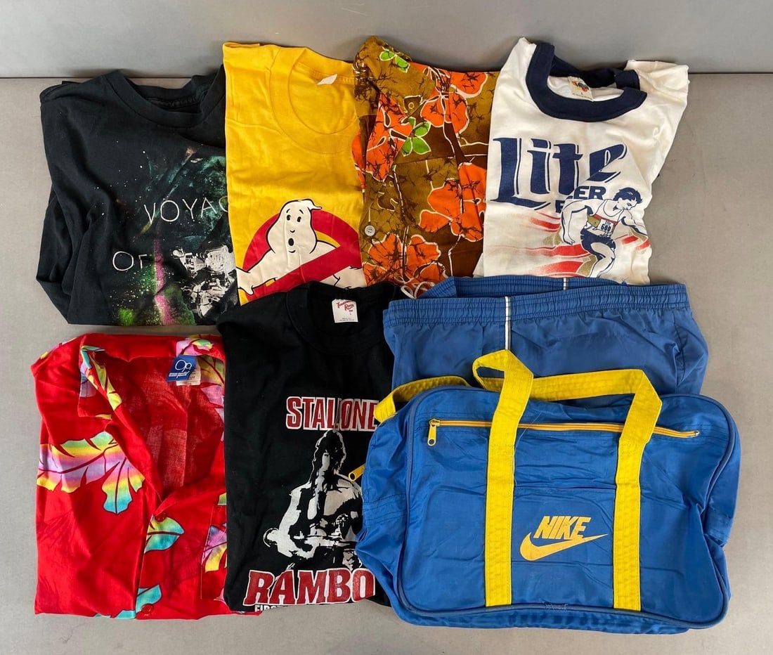 Group of 80s / 90s Shirts and More: Includes miller lite, ghostbusters, Rambo 2