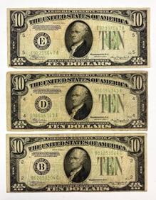 Group of 3 1934 Series A Green Seal Federal Reserve $10 Notes