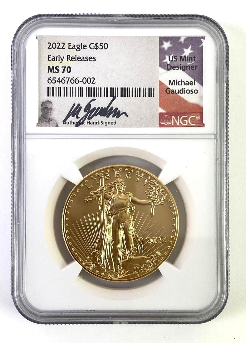NGC Graded 2022 G $50 Gold Eagle 1 oz .999 Gold Coin MS 70: Early Release, Signed Michael Gaudioso