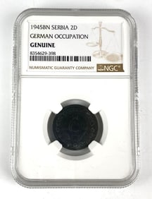 NGC Graded 1945 BN Serbia 2D 2 Dinara German Occupation Coin