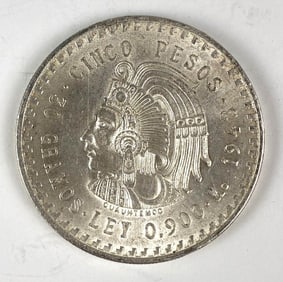 1948 Mexico 5 Pesos Cuauhtémoc Onza .900 Mo .999 Silver Coin