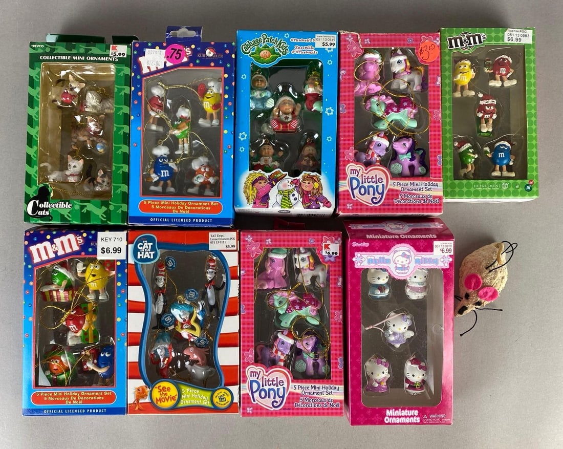 Group of Miniature Character Christmas Ornaments and More: Includes Hello Kitty, Cat in the Hat, My Little Pony, abs more, Largest box measures 6 3/4 x 3 3/4 x 1 3/4 inches.