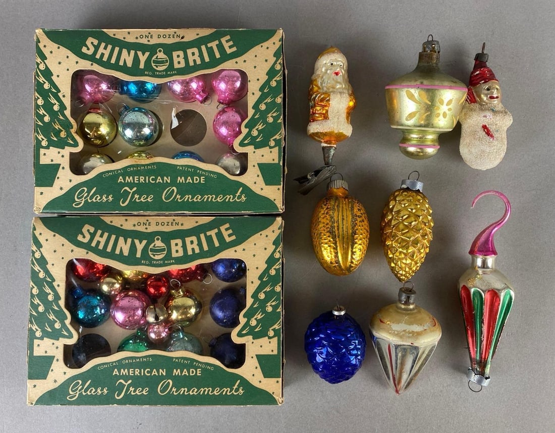 Group of Vintage Glass Christmas Ornaments: Includes Shiny Brite, Snowman, and more, Boxes measure 4 1/2 x 6 x 1 1/4 inches.