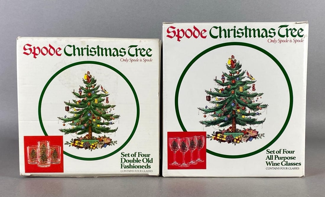 Group of Spode Christmas Tree Pattern Drinkware: Includes Set of Four Double Old Fashioneds, and Set of Four All Purpose Wine Glasses, In original boxes, Largest box measures 7 1/2 x 6 3/4 x 7 inches.
