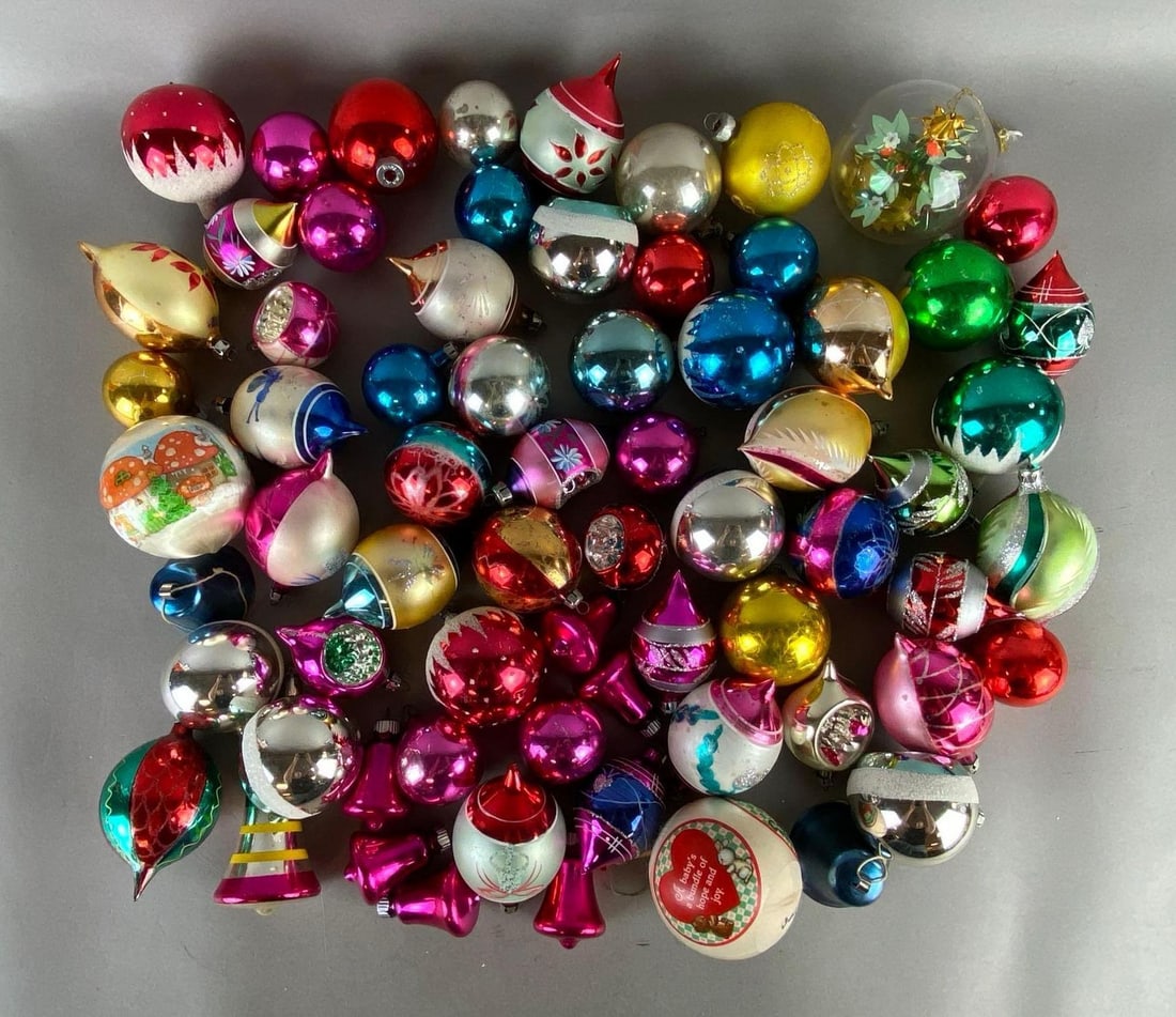 Group of Vintage Glass Christmas Tree Ornaments and More: Includes bell shape, spheres, pointed, and more, Largest measures 4 inches long.