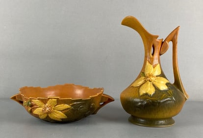 Group of 2 Roseville Clemantis Pattern Ewer and Bowl