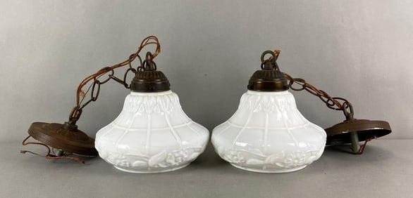 Group of 2 Antique Brass Hanging Light Fixture with White Glass Shades