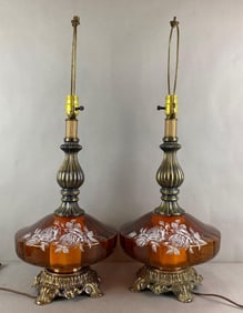Group of 2 Floral Amber and Brass Table Lamps