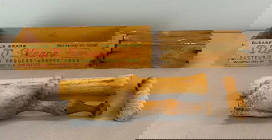 Group of Advertising Wood Boxes and Pestels