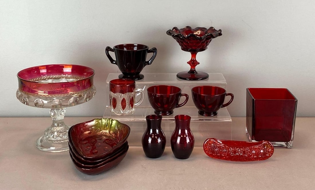 Group of Ruby Glass Items and More: Includes glasses, vase, compote and more, largest measures 7 x 7 1/4 x 7 1/4 inches