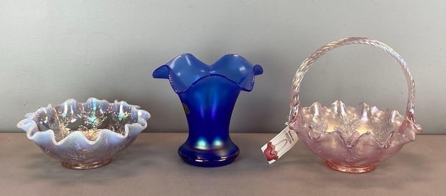 Group of 3 Iridescent Ruffled Edge Glass Items