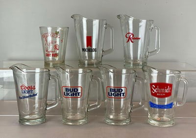 Group of 7 Glass Beer Advertising Pitchers