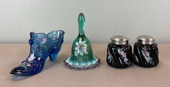 Group of 4 Hand Painted Signed Art Glass Items