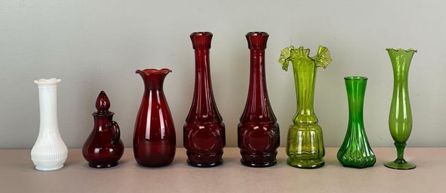 Group of Colored Art Glass Vases and More