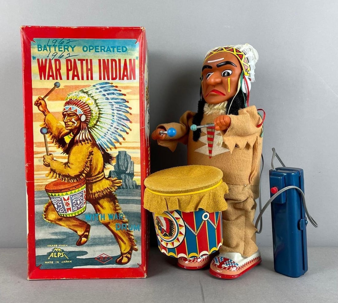 1960s Alps Battery Operated War Path Indian with War Drum