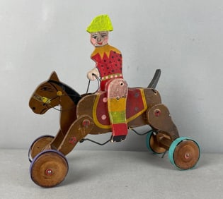 Vintage Japanese Wind-Up Wood Clown on Horse
