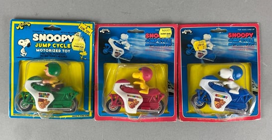 Group of 3 Aviva Snoopy Jump Cycle Motorized Friction Motorcycles