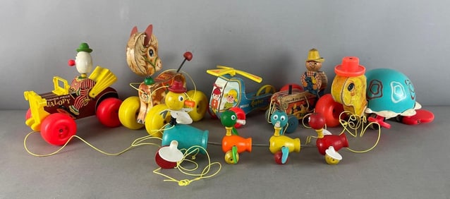Group of Fisher Price Wood Pull Behind Toys