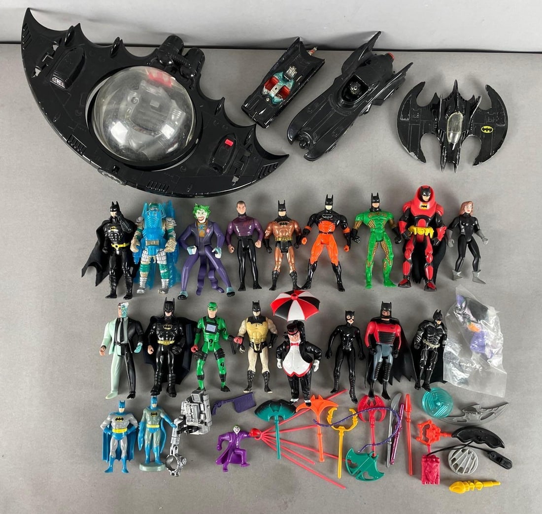 Group of Batman Action Figures and More: Includes accessories, Batmobile, batwing