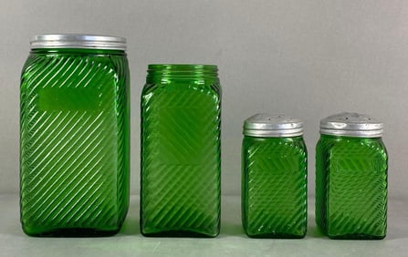 Set of 4 Owens Illinois Emerald Glass Jars and Shakers