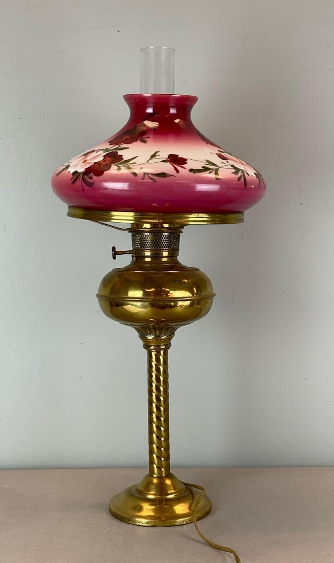 Vintage Hand Painted Floral Electrified Hurricane Oil Lamp: In working condition, hand painted glass shade, measures 26 1/2 x 12 1/2 inches