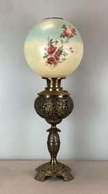 Vintage Hand Painted Roses Brass Hurricane Oil Lamp