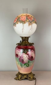 Vintage Hand Painted Roses Electrified Hurricane Oil Lamp