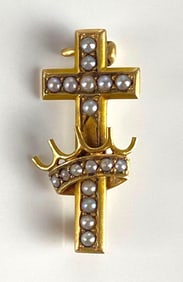 14K Gold Pearl Daughters of Isabella Cross and Crown Pin