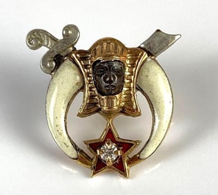 14K Gold Shriners Red Star and Horn Enameled Pin